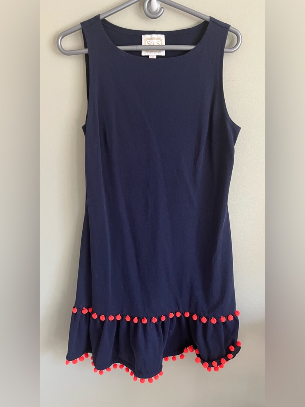Sail to Sable navy blue sleeveless dress with pom pom hemline sz M